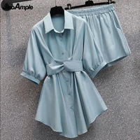 womens summer new short sleeve shorts suit korean elegant shirt blouse high waist wide leg pants two piece femlae casual set