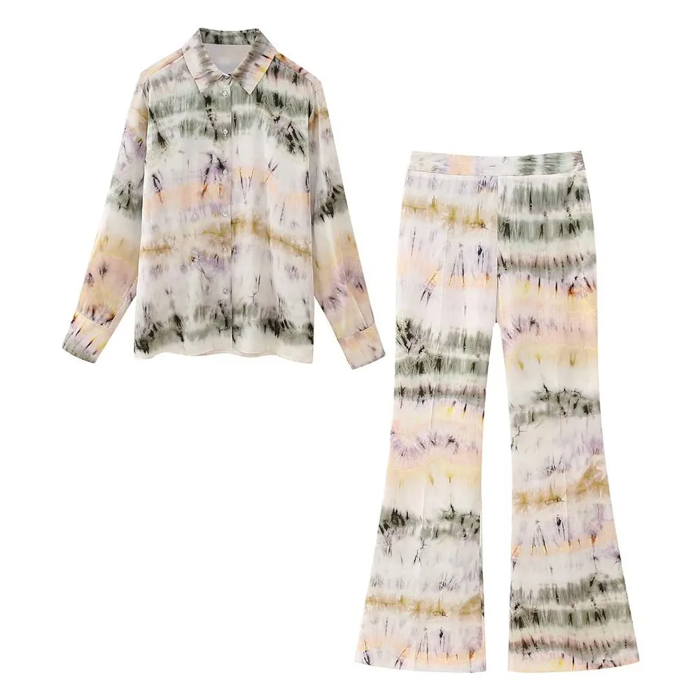 

Early autumn new fashion women's temperament casual lapel long-sleeved tie-dye printed shirt + high waist flared pants