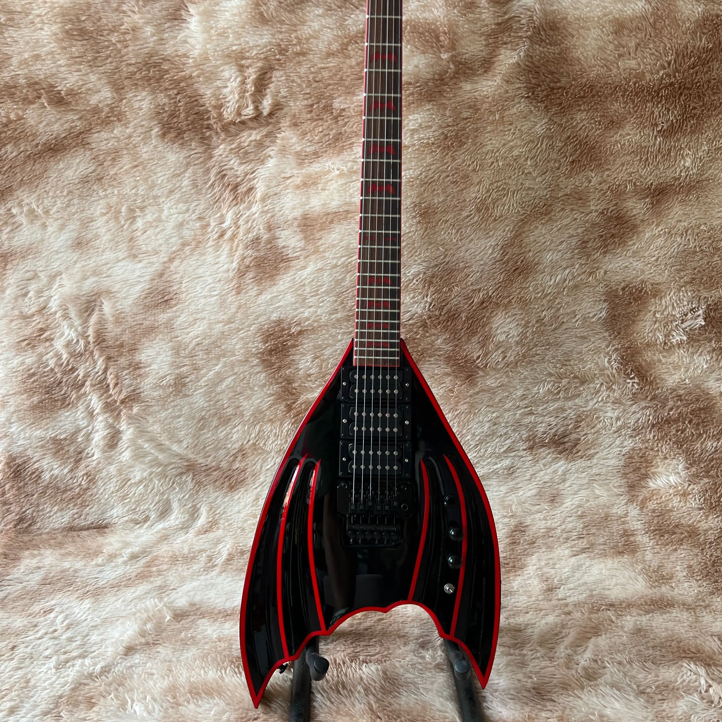 

New Arrival Custom Special Bat Shape Black Electric Guitar With Rosewood Fingerboard Red Inlays Guitars Black Hardware