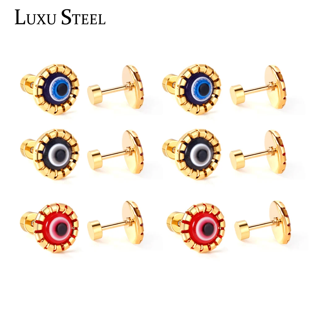

LUXUSTEEL 12 Pairs/Lot Evil Eye Stainless Steel Stud Earrings For Women Girls Blue Black Red Cat Eyes Ear Jewelry Set Wholesale