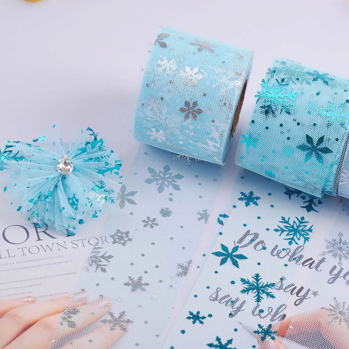 25 ярдов 6/13 см Серебряные Снежинки блестящие тюлевые рулоны органза украшение на