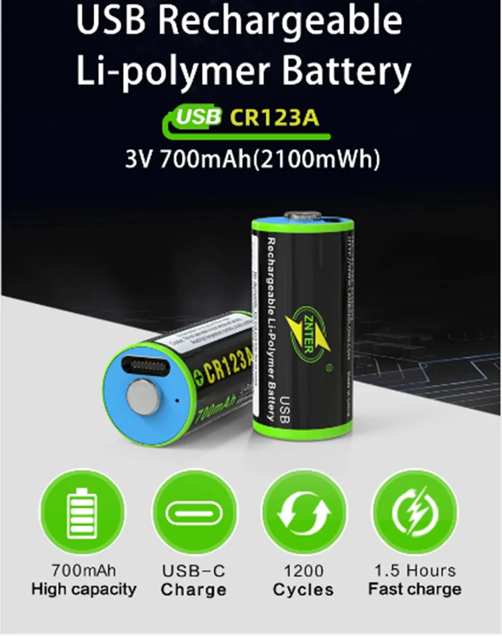 Аккумуляторная батарея CR123A 3 В 700 мАч 2100 МВтч 0 TYPE C USB перезаряжаемая