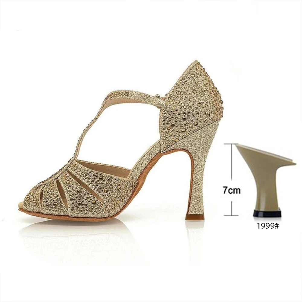 Women Latin Dance Shoes Heel With Rhinestones Shining Salsa Shoes For Ladies Gold Wedding Shoes For Girls  Sexy Heels Sandals