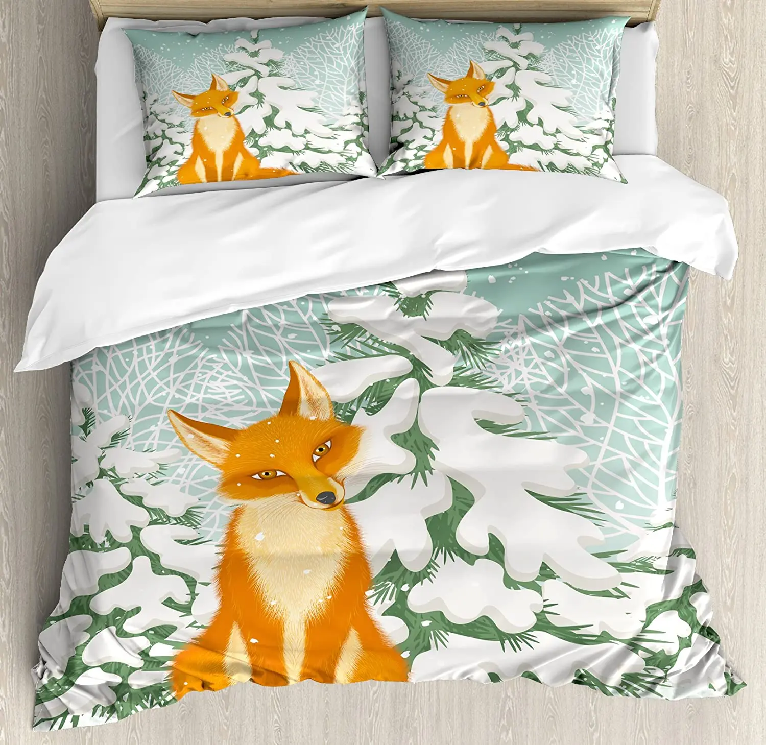 

Fox Bedding Set For Bedroom Bed Home Red Fox Sitting in Winter Forest Snow Covered Pine Tr Duvet Cover Quilt Cover Pillowcase