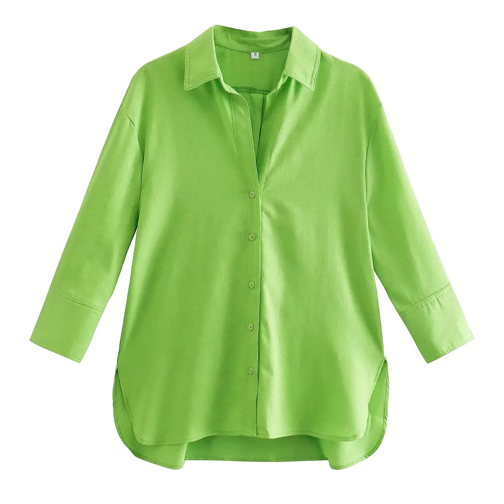 

Женская блузка в европейском и американском стиле, летняя однотонная льняная рубашка в ретро стиле с лацканами, 2022