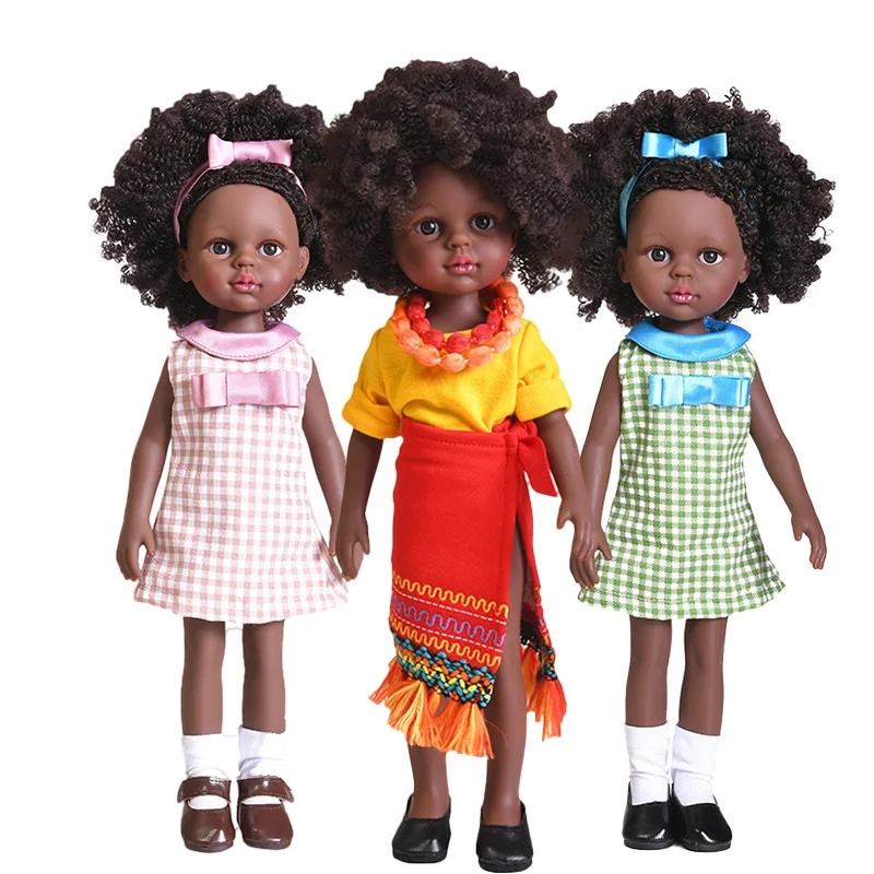 

Baby African Doll Toy 35cm Simulation Rebirth Doll Learn To Change Clothes Black Soft Rubber Doll Girl Play House Doll Toy