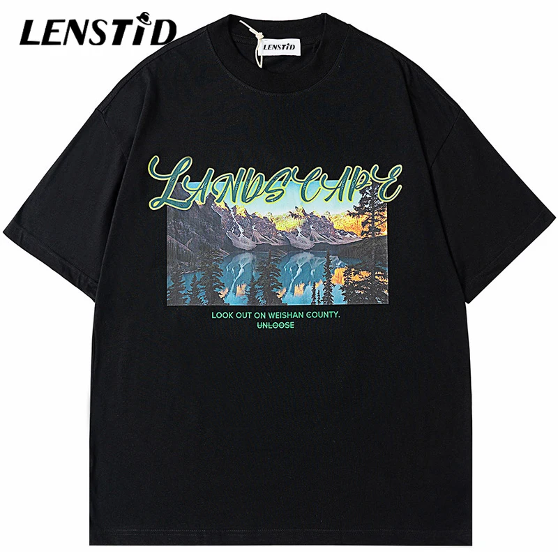 

LENSTID Summer Men Oversize Short Sleeve Tshirts Hip Hop Lake Mountain Print Streetwear Harajuku Casual Cotton Tops Tees Shirts
