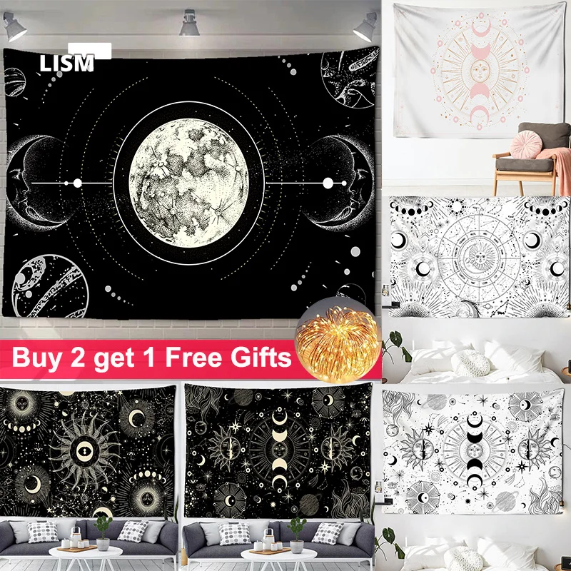 

White Black Sun Moon Mandala Starry Sky Tapestry Wall Hanging Bohemian Gypsy Psychedelic Tapiz Witchcraft Astrology Tapestry