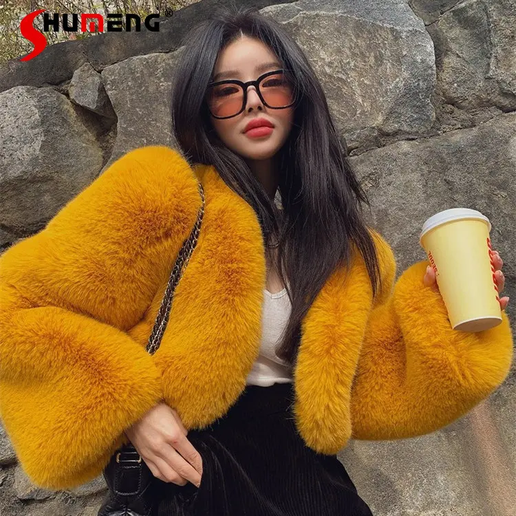 Lamb Plush Coat Women's Korean-Style Autumn Winter Thickening V-neck Short Socialite Imitate Rex Rabbit Fur Leather Coat Fashion