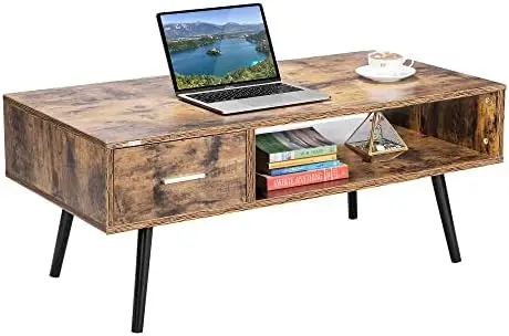 

Inch Wooden Retro Mid-Century Modern Coffee Table with 1 Drawer and Open Storage Shelf Vintage Accent Boho Cocktail TV Office fo