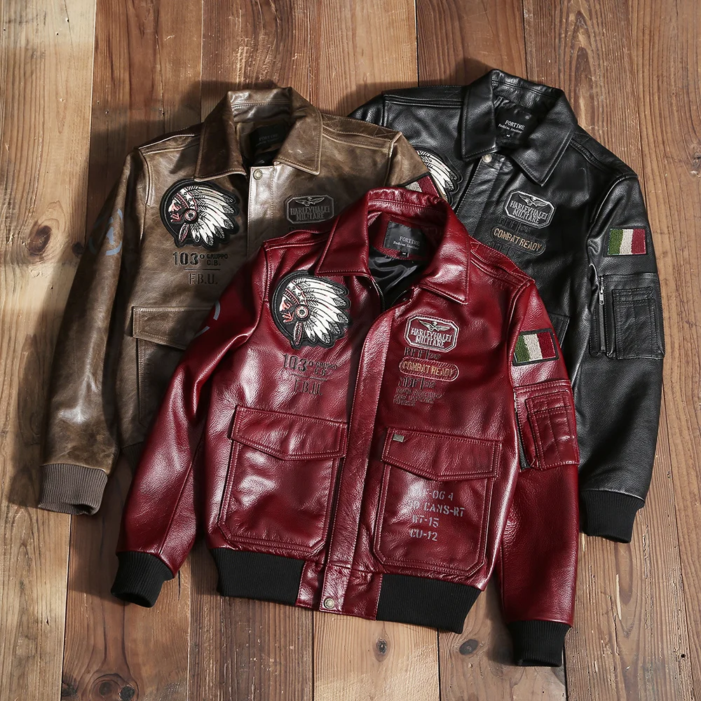 2022 New Red Indian Embroidery Leather Jacket Men's Flying Suit Genuine Cowhide Natural Leather Coat Motorcycle Fashion Clothes