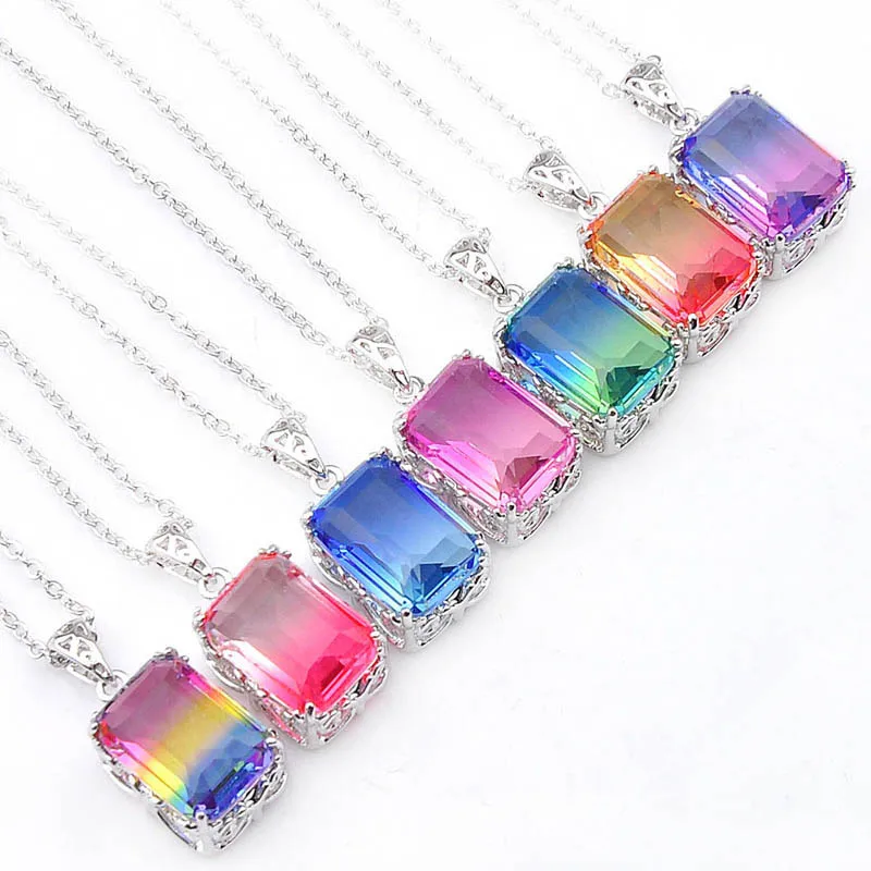 Ожерелья с подвеской Luckyshine Square Rainbow Mystic Tourmaline и драгоценным камнем посеребренным