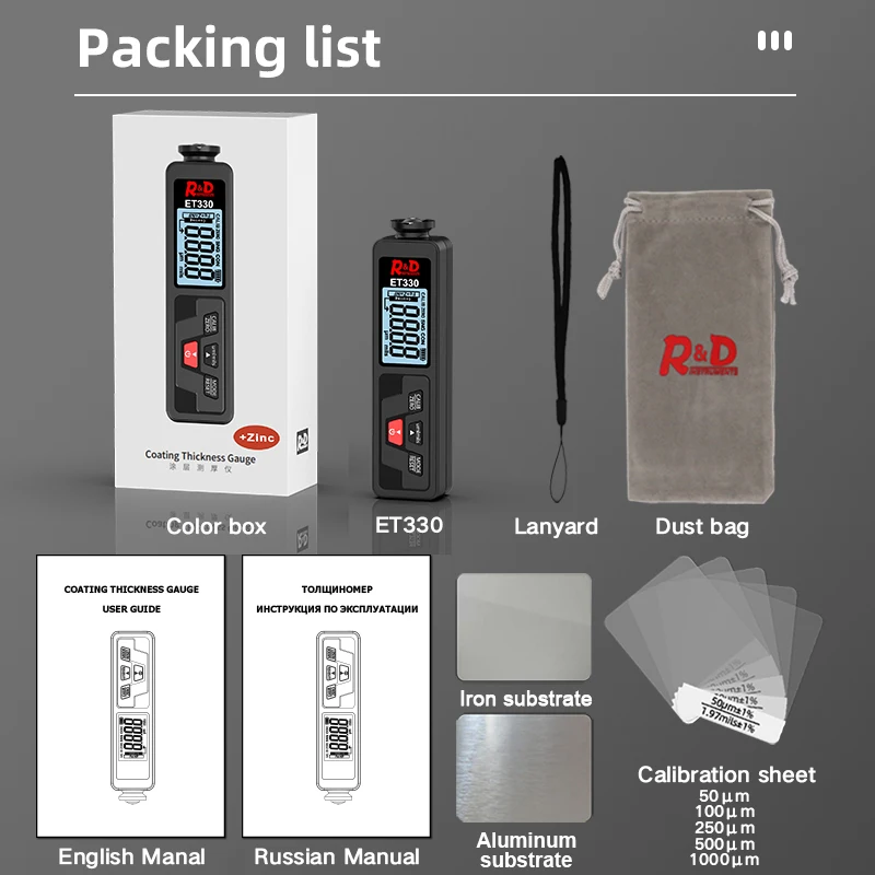 R&D ET330+Zn Car Paint Thickness Gauge Electroplate Metal Coating Thickness Gauge for Car 0-1500um Fe & NFe Coating Tester Meter images - 6