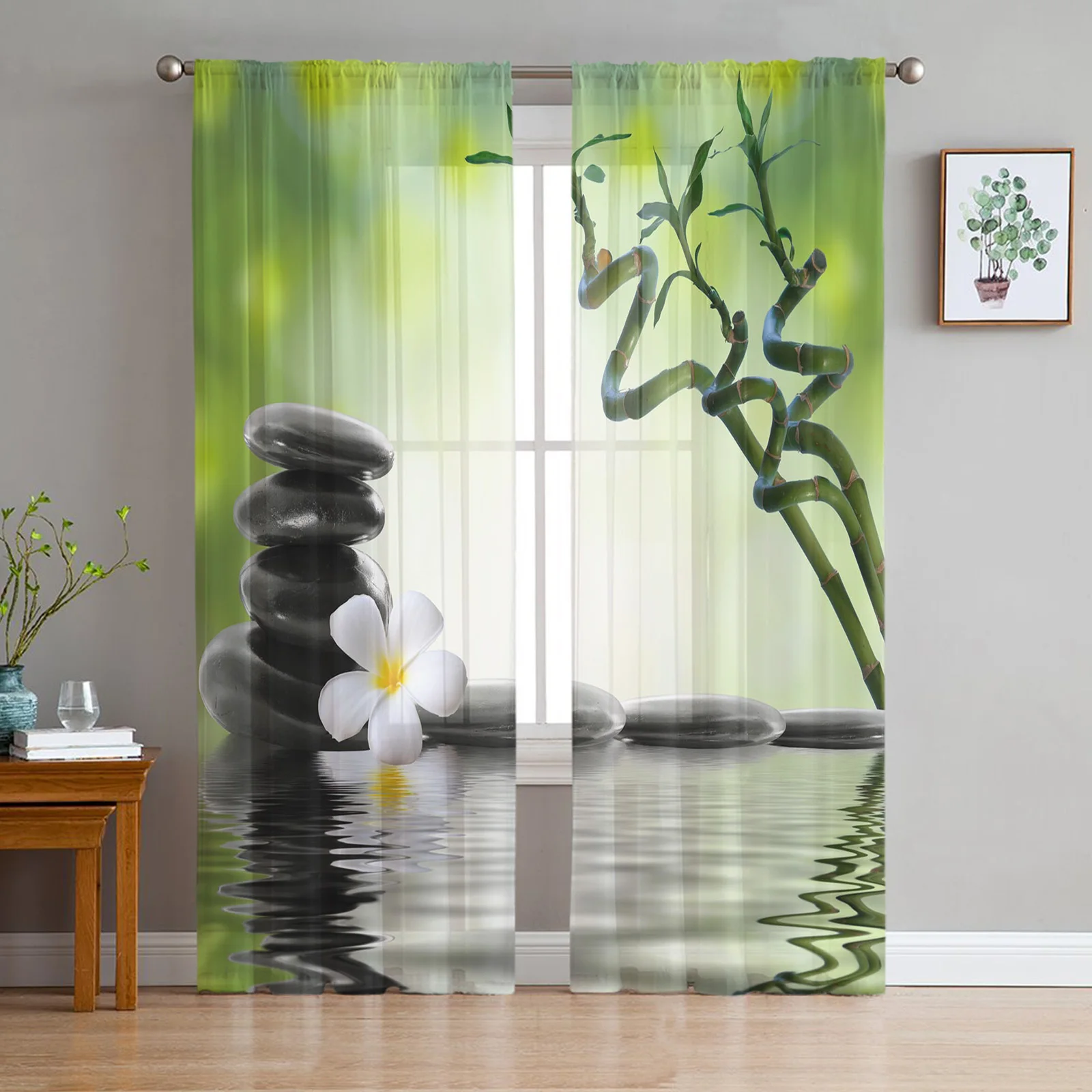 

Orchid Stones Bamboo Zen Tulle Curtains for Living Room Bedroom Decoration Modern Chiffon Sheer Voile Kitchen Window Curtain