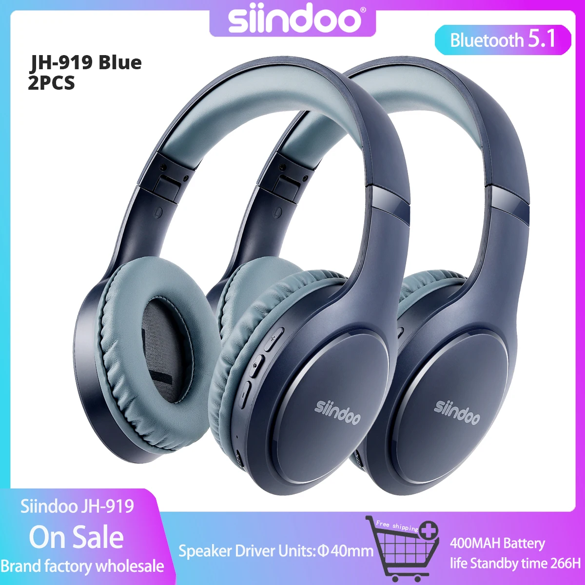 

Siindoo 2pcs Blue JH-919 Wireless Bluetooth Headphones Foldable Stereo Earphones Super Bass Noise Canceling Mic For Laptop PC