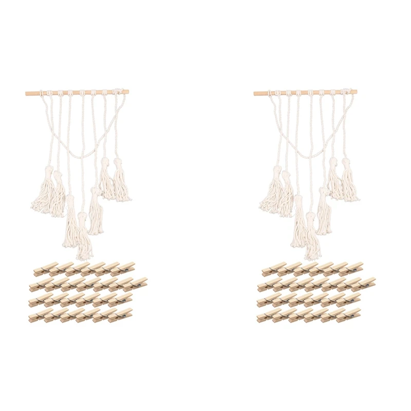 

2X Hanging Photo Display Macrame Wall Hanging Pictures Organizer Home Decor, With 50 Wood Clips