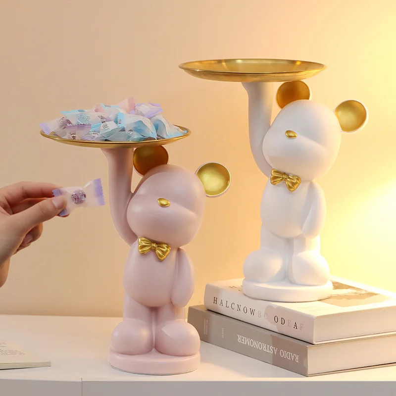 

Nordic Bear Tray Figurines Porch Key Snacks Candy Storage Container Resin Desktop Ornament Home Decor Animal Sculpture Gifts