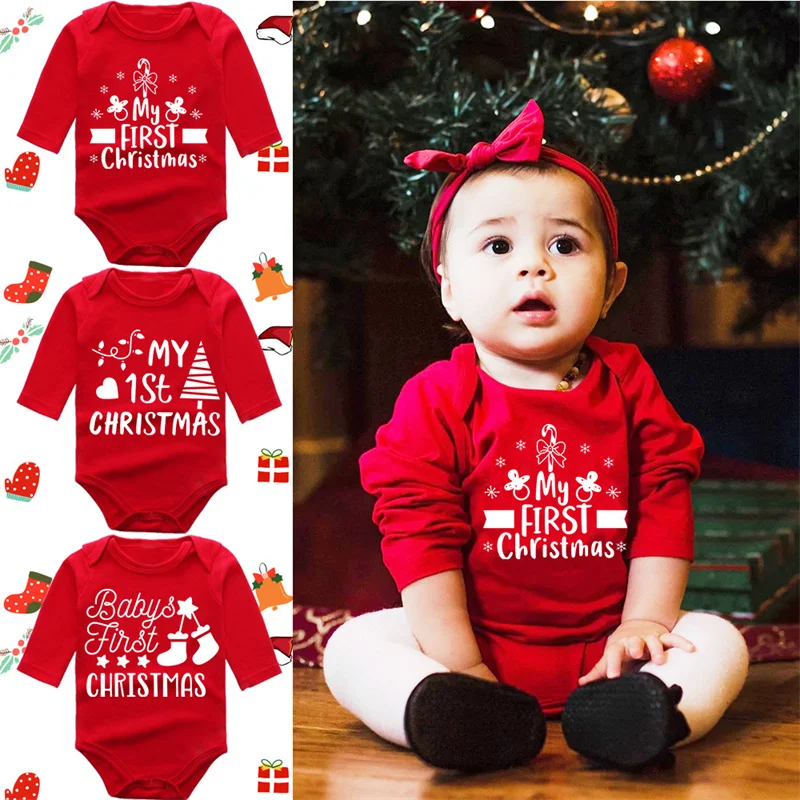 Boy Girls Christmas Red Romper Jumpsuit Newborn First Christmas Long Sheeve Bodysuits Fall Winter Baby Clothes Xmas Party Outfit