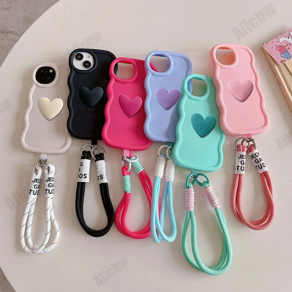 Candy Color With Lanyard 3D Love Heart Wavy Silicone Phone Case For Samaung Galaxy S25 S24 S23 Ultra Plus 5G FE Cover