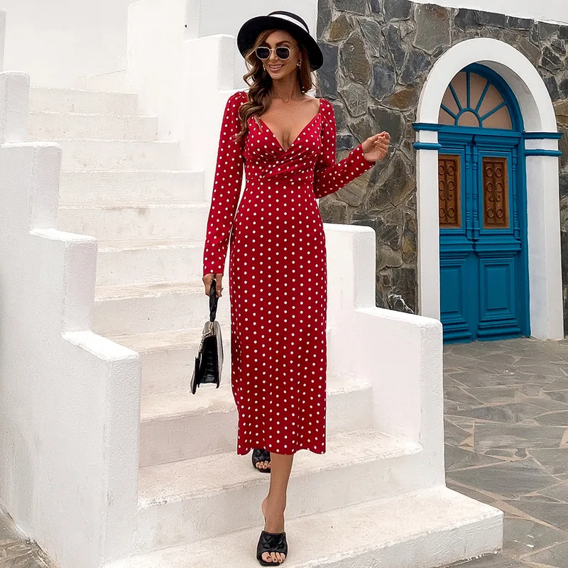 Deep V Low Cut Bodycon Midi Dress Vintage Women Polka Dot Sheath Dress Office Lady Skinny Long Sleeve Dress Autumn Spring M0671