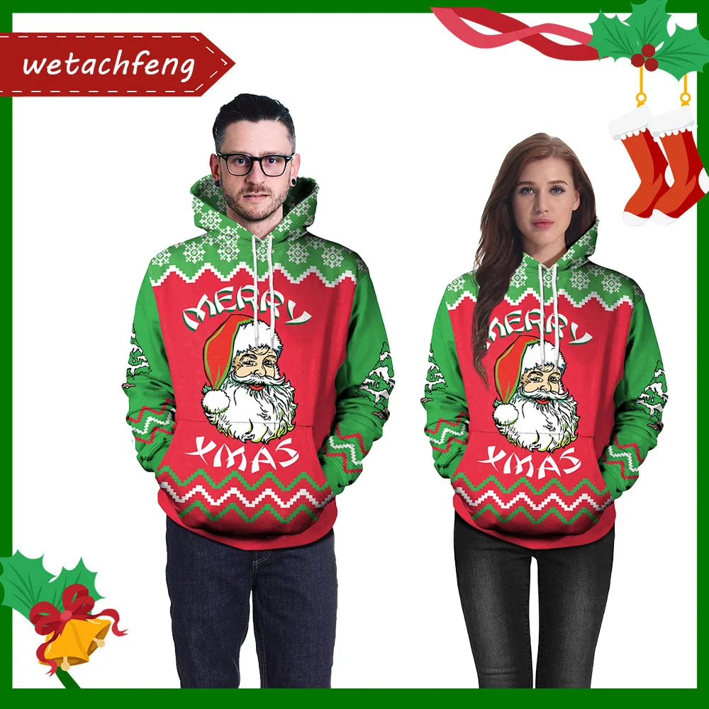 

Men Women Santa Merry Xmas Ugly Christmas Sweater Hooded Sweatshirts 3D Printed Loose Christmas Jumpers New Year Eve Party Tops