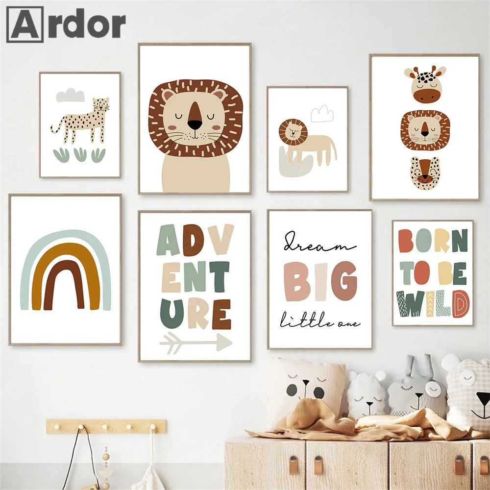 

Настенная картина с львами, жирафом, леопардом, радужными цитатами, Картина на холсте, постеры для детской комнаты, скандинавские принты, настенные картины, декор для детской комнаты