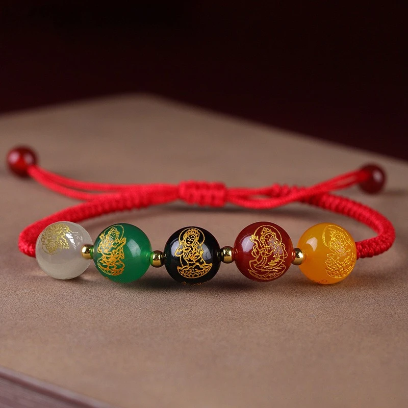 Пятипозиционный браслет из агата с изображением бога богатства мужской и