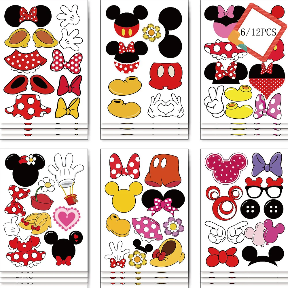 6/12Sheets Disney Cartoon Mickey Mouse Mickey Minnie Make a Face Puzzle Sticker Kids Decals Children Game Jigsaw Educational Toy