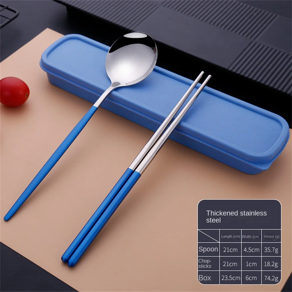

Stainless Steel Spoon Fork Chopsticks With Storage Box Anti-slip Chopsticks Head Portable Tableware Set Multi-color