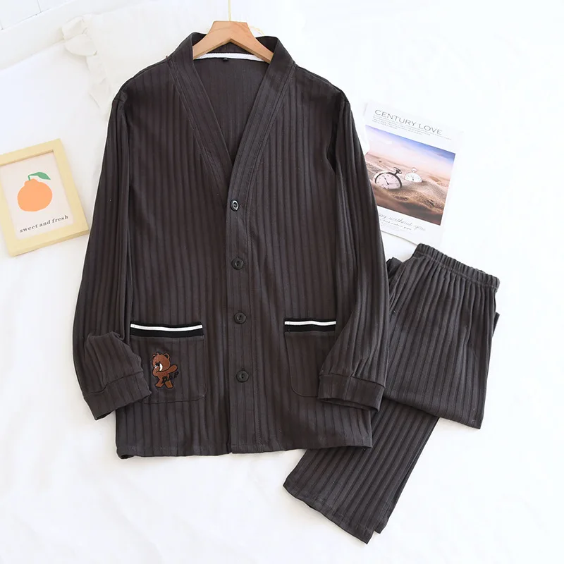 Women Nightwear V-neck Jacquard Knitted Cotton Couple Pajamas Set Four Seasons Thin Casual Elastic  Long-sleeved Men Home Wear