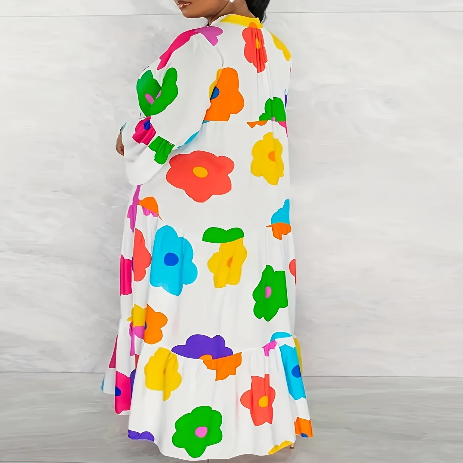 Plus Size Floral Haven Dress - Loose & Comfortable with Vibrant Prints Long Sleeve Button Front for Spring Fall Curvy Wome