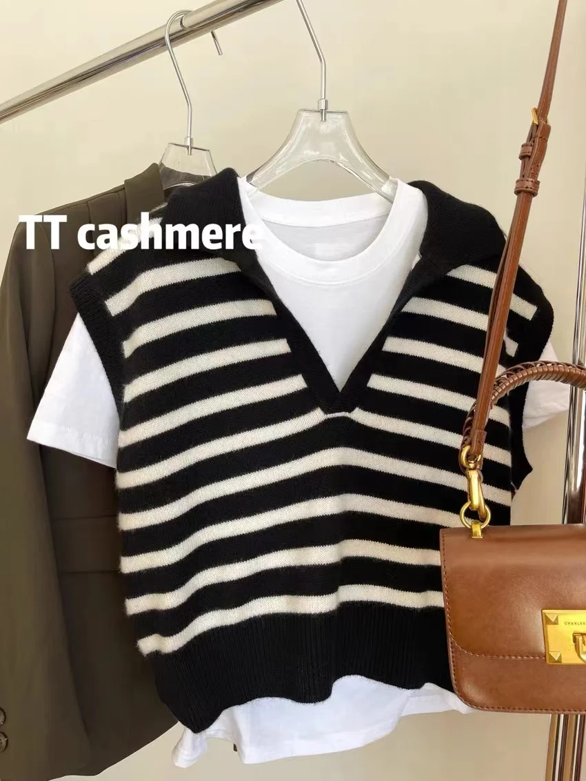 Ретро полосатый отворот поло шерстяной жилет для женщин осень и зима ленивый
