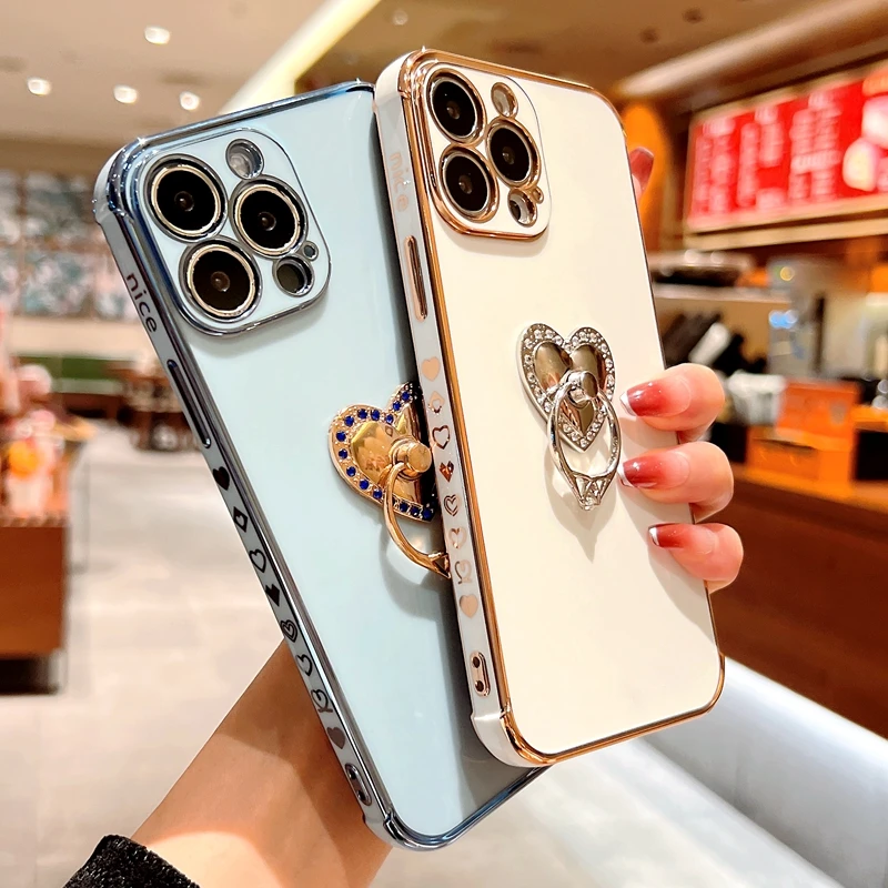 

Soft Wrist Ring Love Heart Case For iPhone 11 12 13 Pro Max X XR Xs Max 7 8 Plus SE 2020 Mini Electroplated Kickstand Cover