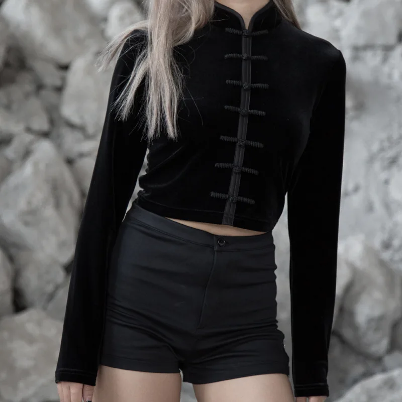 

2023 Women's Tops Personality Chinese Style Disc Buckle Retro Velvet Tops Thin Versatile Ultra Short Navel