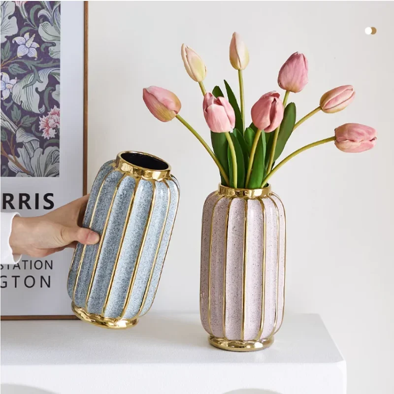 

Позолоченная матовая фарфоровая ваза, винтажная Современная керамическая ваза для цветов для комнаты, кабинета, прихожей, домашнего свадебного декора