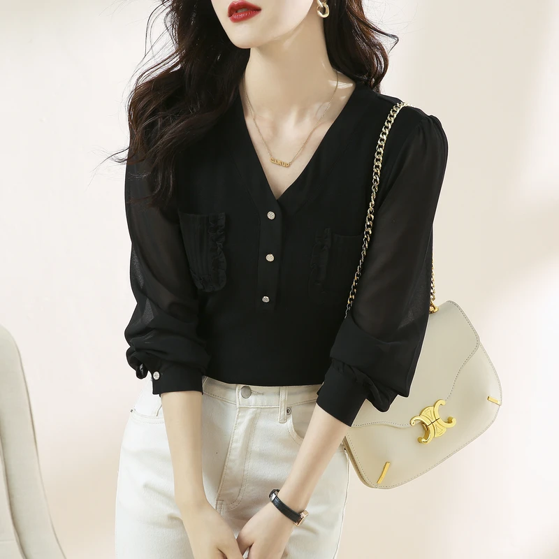 

Блузка женская трикотажная шифоновая с длинным рукавом и V-образным вырезом