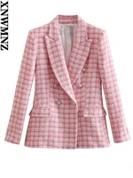 xnwmnz 2022 women fashion tweed double breasted blazer coat vintage long sleeve flap pockets female outerwear chic blazer