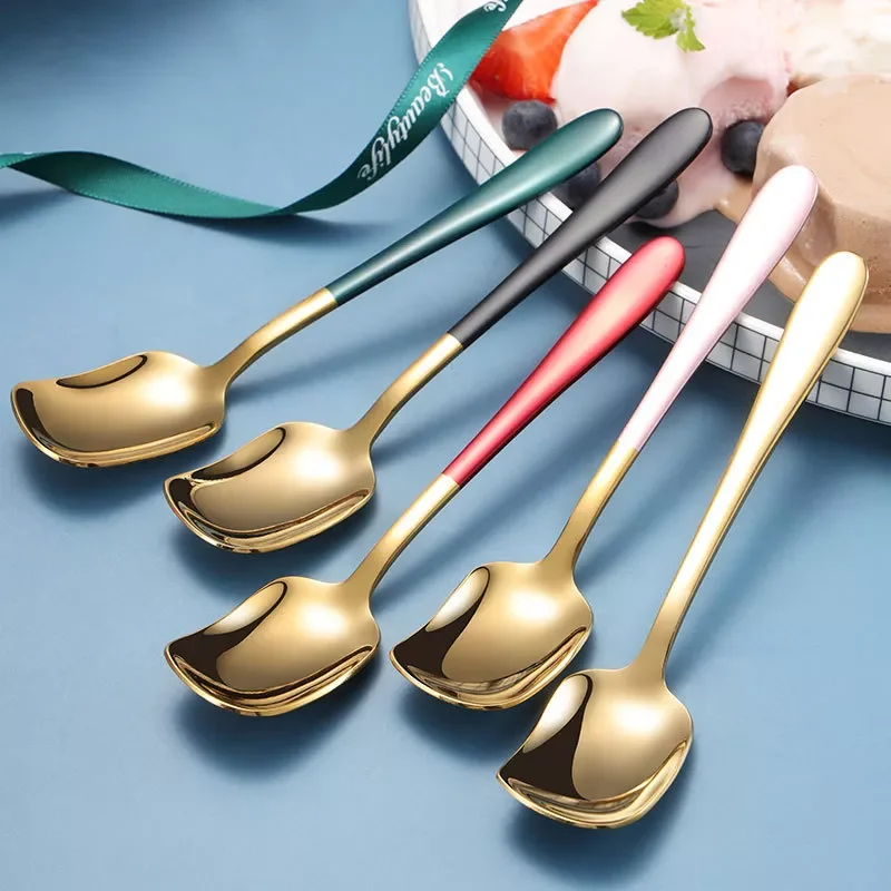 

Stainless Steel Spoon Ice Cream Spoon Children's Titanium-plated Spray Paint Dessert Spoon Honey Stick Kitchen Accessories