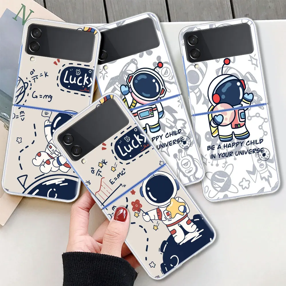 

Case For Samsung Galaxy Z Flip 3 5G Transparent Hard Cell Phone Cover ZFlip3 Clear PC Luxury Phone Fundas Star Astronaut Cute