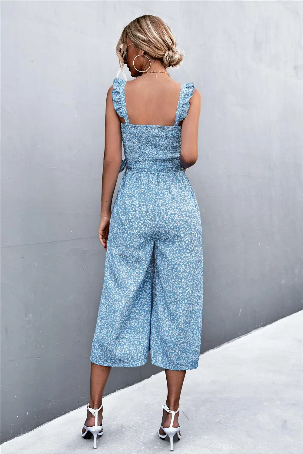 Missuoo Summer New Floral Printed Suspender Jumpsuits Wide Leg Cropped Pants For Women 2023 Stylish Casual Lace-up Jump Suit