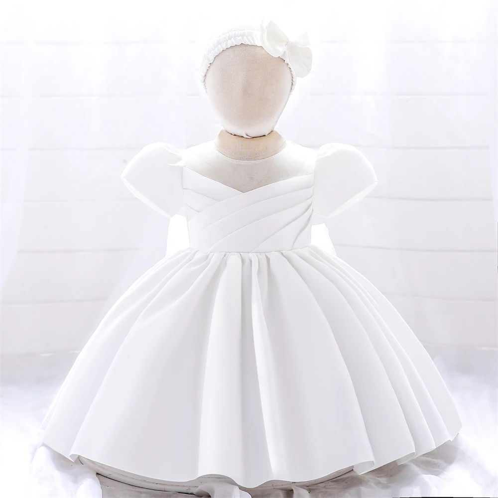 FSMKTZ Infant Baby Girl Dress Bow Newborn Baptism Princess Dresses for 1st Birthday Party Dress White Christening Evening Gown