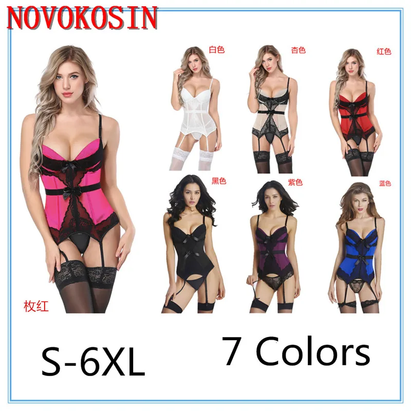 7 Colors S-6XL Black Lace Mesh Push Up Bustier Sexy Lingerie Women Nightwear Chemise Fancy Abdomen Corset Underwear With Gather