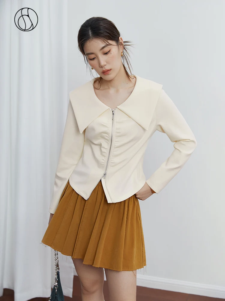 

DUSHU [Two-color optional] Lapel Double Zipper Sweater for Women Autumn New Fashion Casual Jacket Design Sense Top Female