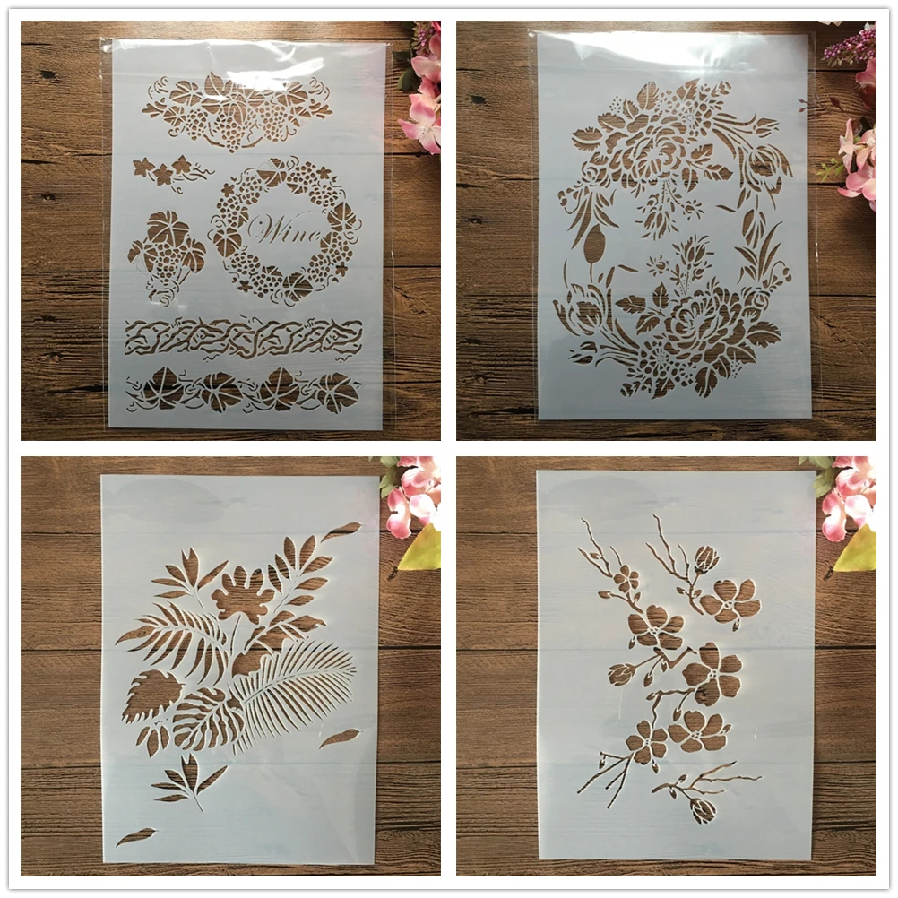 

4Pcs A4 29cm Plum Flower Garland DIY Layering Stencils Wall Painting Scrapbook Coloring Embossing Album Decorative Template