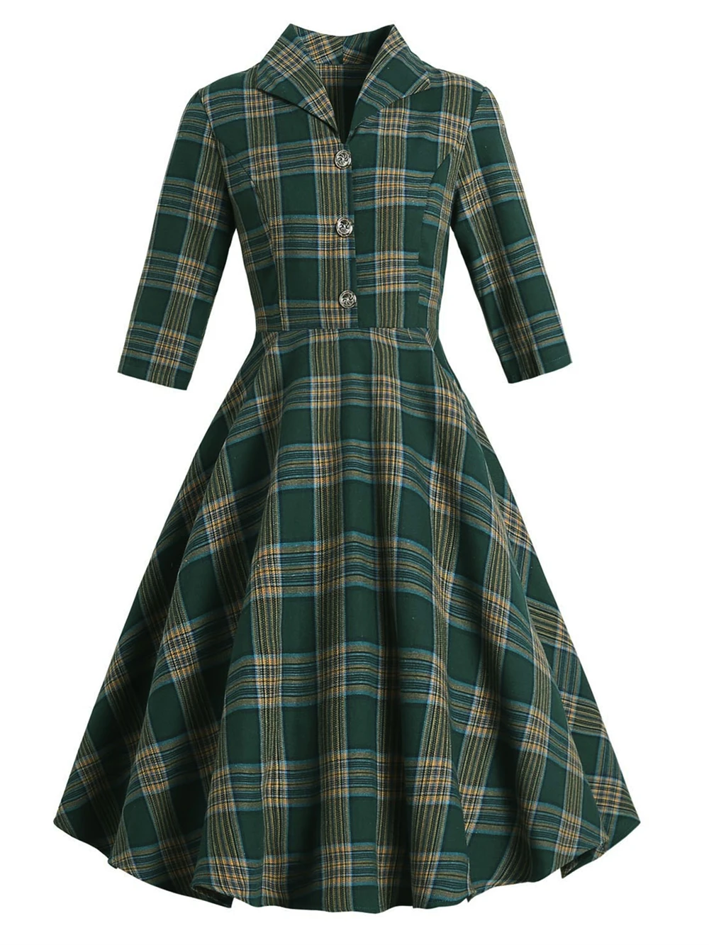 Женское винтажное платье в клетку зеленое клетчатое стиле ретро 50-60-х годов с