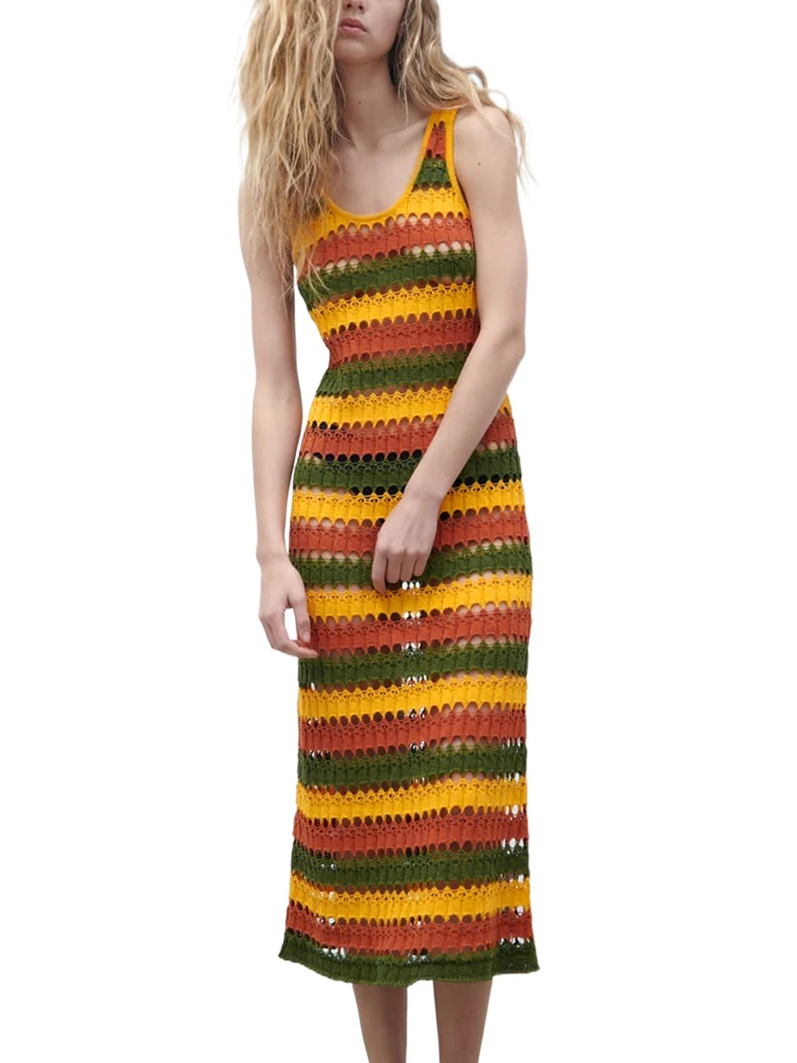 

CenturyX Women Hollow-Out U-Neck Sleeveless Dress Knit Stripe Bodycon Tight Long Dress Summer Beach Party Yellow