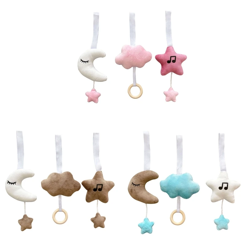 

3 Pcs Baby Gym Frame Pendants Stroller Rattle Wooden Ring Soft Stars Moon Cloud Hanging Bed Bell Fitness Rack Pendant Decoration