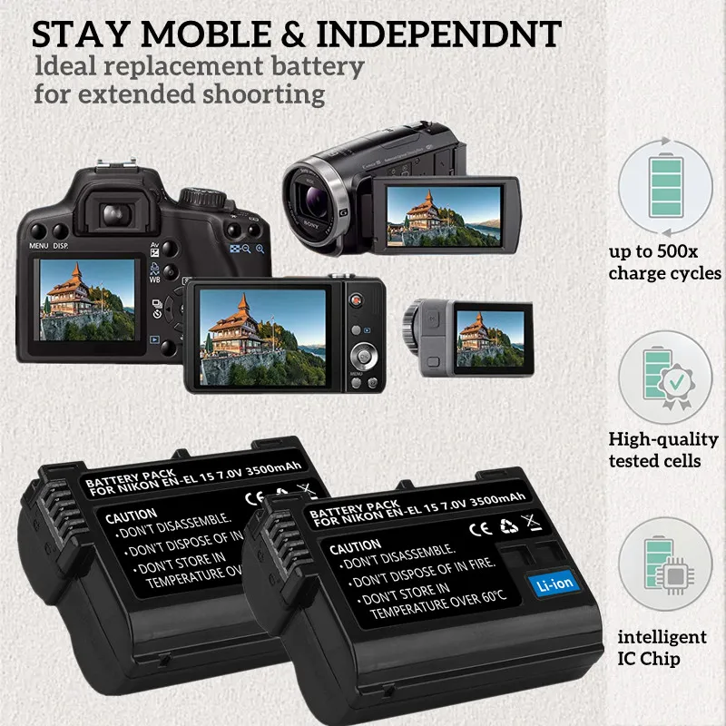 1-5Pack of EN-EL15 7.0V 3500mAh Batteries for Nikon D850,D7500,1 V1,D500,D600,D610,D750,D800,D810,D810A,D7000 Digital SLR Camera