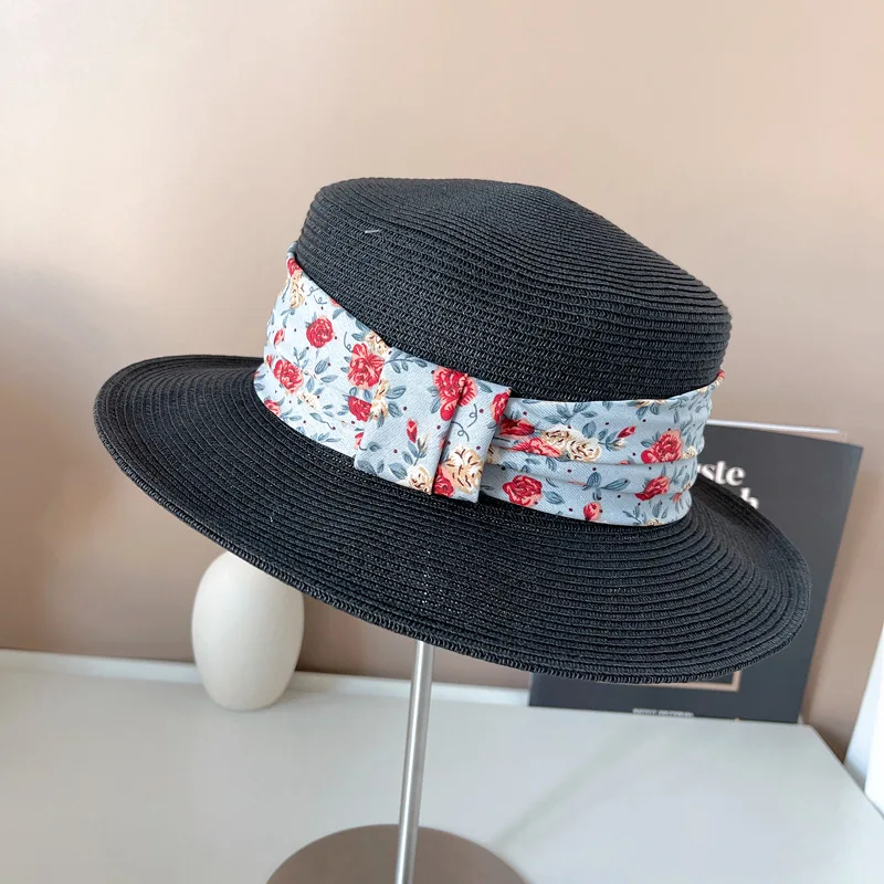 Wide Brim Summer Hat for Women Flat Top Flower Ribbon Decoration Straw Hat Sun Hat Beach Hat Sun Protection Kentucky Derby Hat
