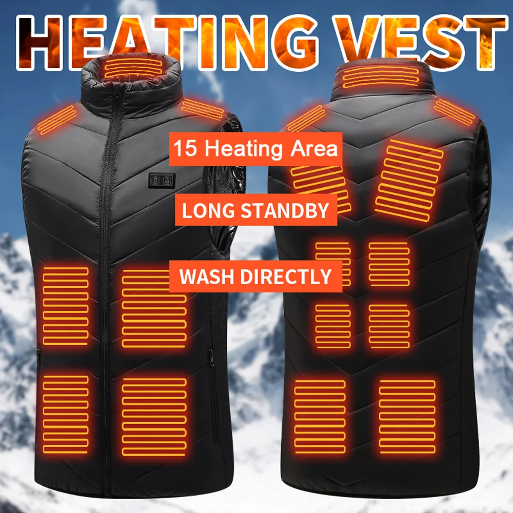 

15 Places Heated Vest Warm Winter Warm Electric USB Intelligent Thermal Heating Jacket Men Women Outdoor Hunting Sleeveless Coat